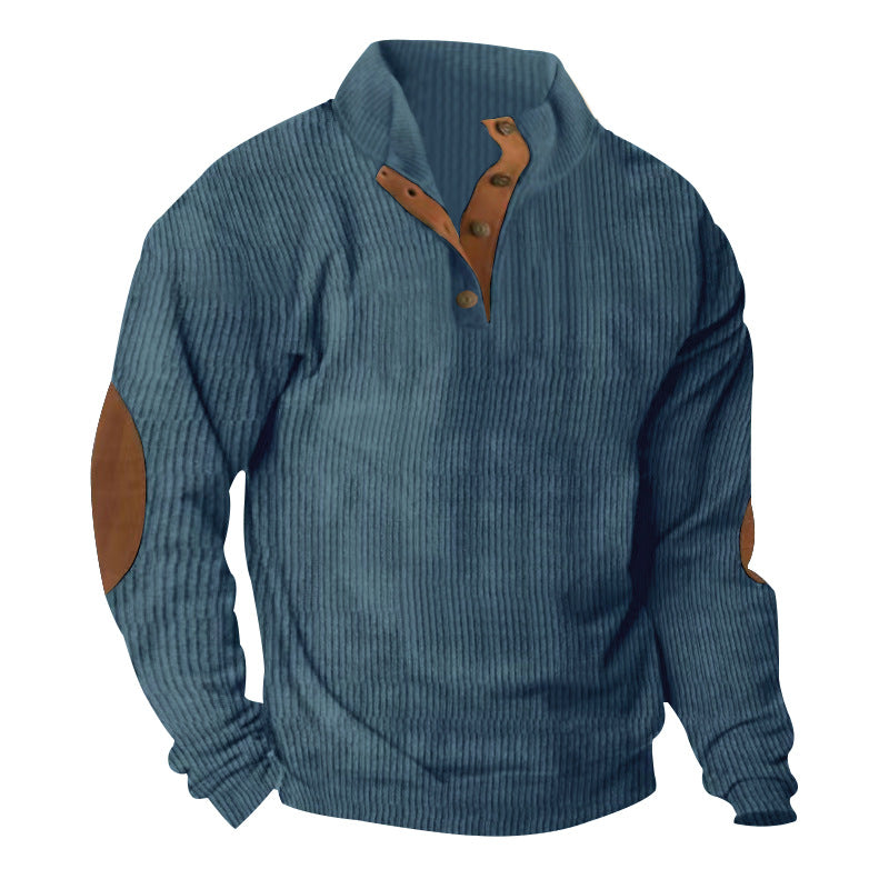 Corduroy stand collar pullover sweater in denim blue with button placket detail