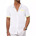 Men’s white short-sleeve striped knit button-up shirt with pocket and yellow trim