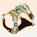 Reflective dog harness, orange-and-teal camo with aqua webbing and rounded chest panel