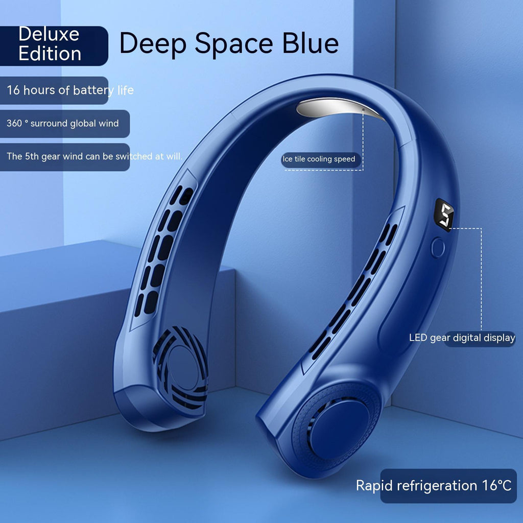 Portable hanging neck fan in deep blue, curved neck design with vented airflow panels