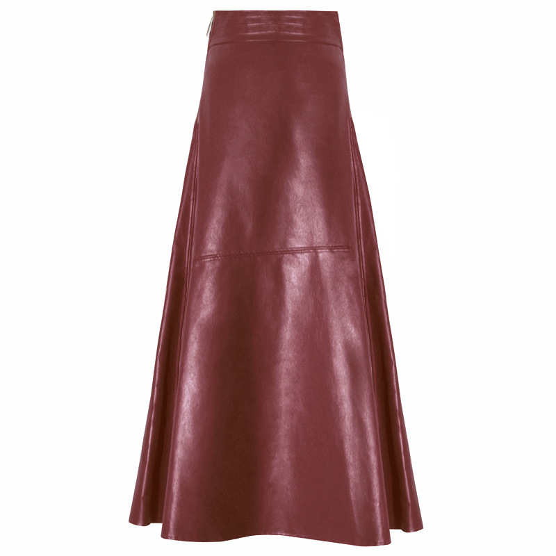 High-waist leather skirt, red A-line flare with front panel stitching
