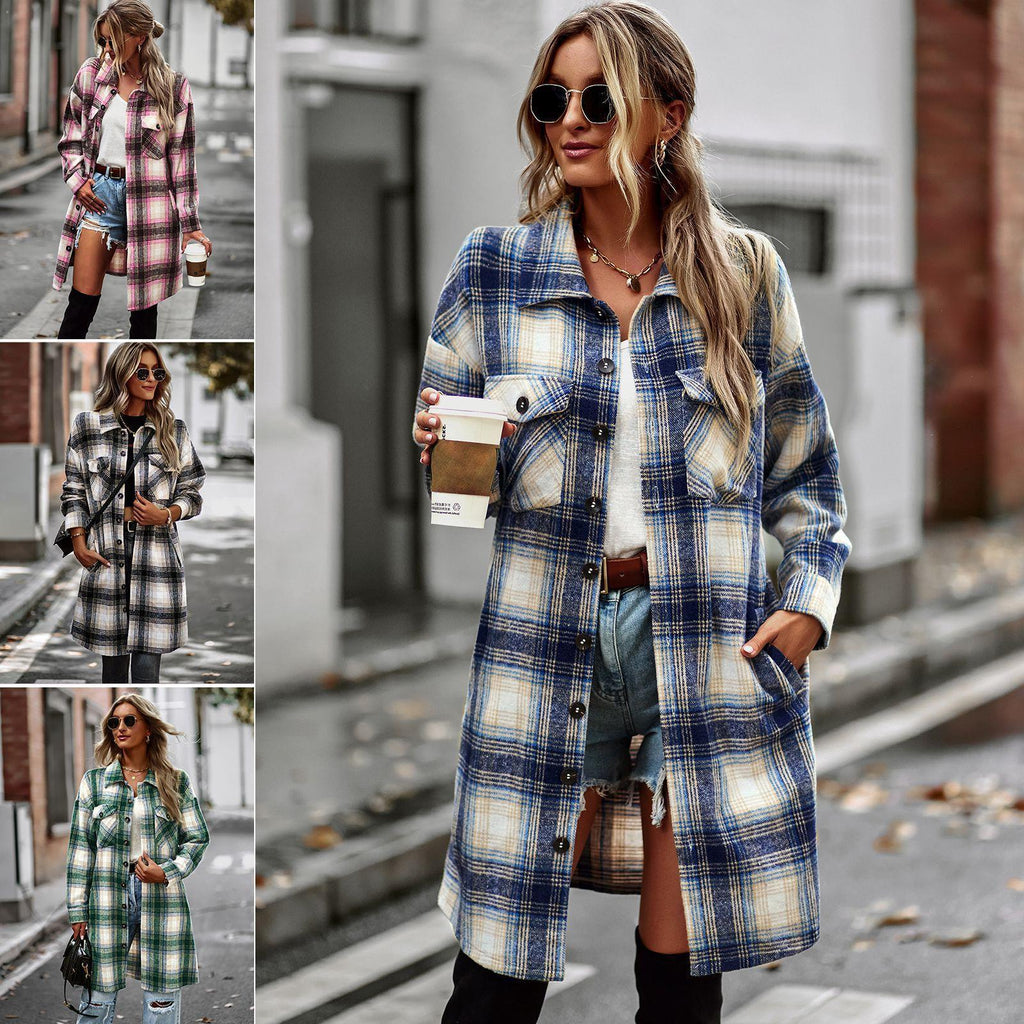 Long sleeve plaid cardigan coat in blue and cream with button front and pockets