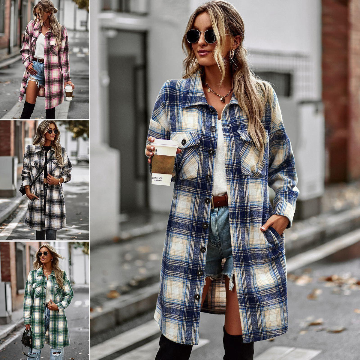 Long sleeve plaid cardigan coat in blue and cream with button front and pockets