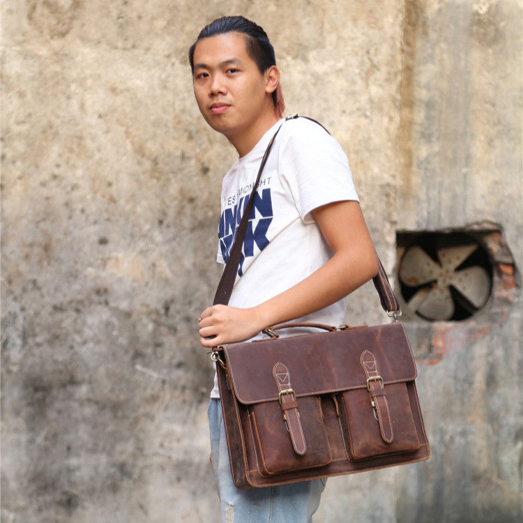 Crazy Horse Leather Shoulder Messenger Bag For Men Genuine Cowhide Handbag With Nylon Lining Yellow Brown