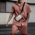 Men's short-sleeve button-up shirt and matching shorts set, mauve
