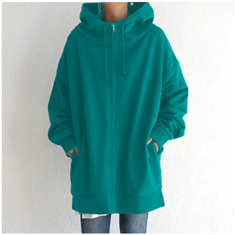 Women’s oversized teal zip-up hooded coat with long sleeves and front zipper