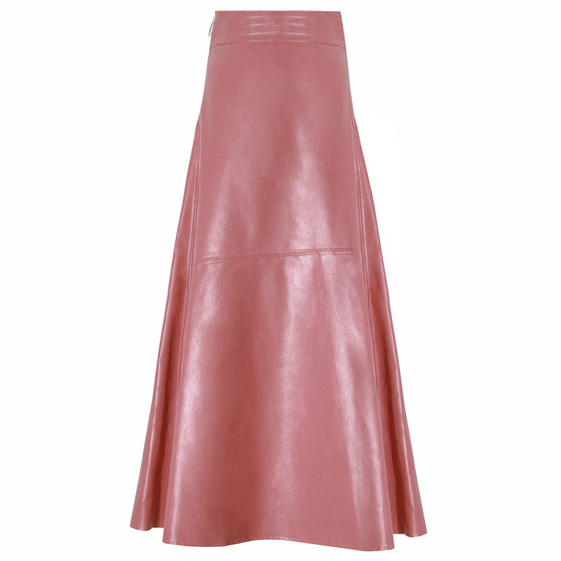 High-waist leather skirt, pink A-line flare with stitched front yoke