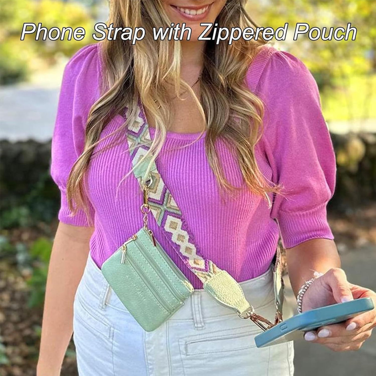 Phone crossbody lanyard with zipper pouch, patterned strap, mint mini canvas pouch