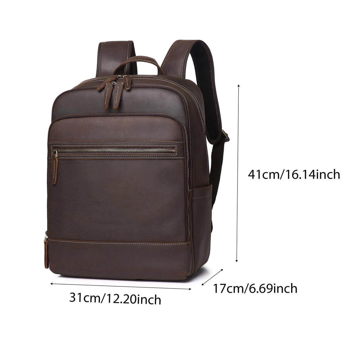 Coffee-brown leather backpack, front zip pocket, top handle; 31x41x17 cm