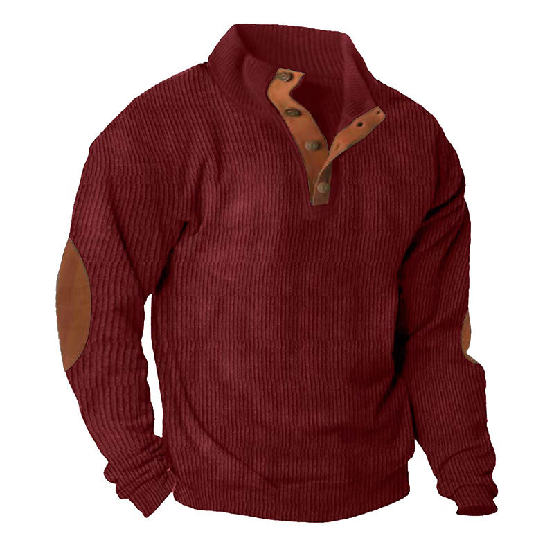 Wine red corduroy stand-collar pullover sweater with snap placket and long sleeves