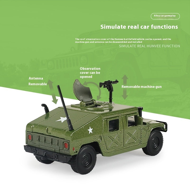 Green alloy military model vehicle toy, rear side with removable antenna and gun