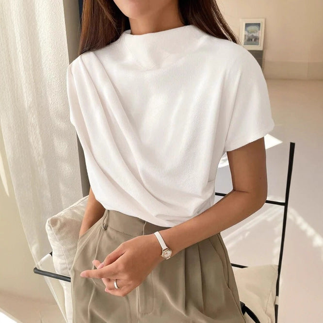 Women's Round Neck Draping Summer Blouse - Simple Short Sleeve