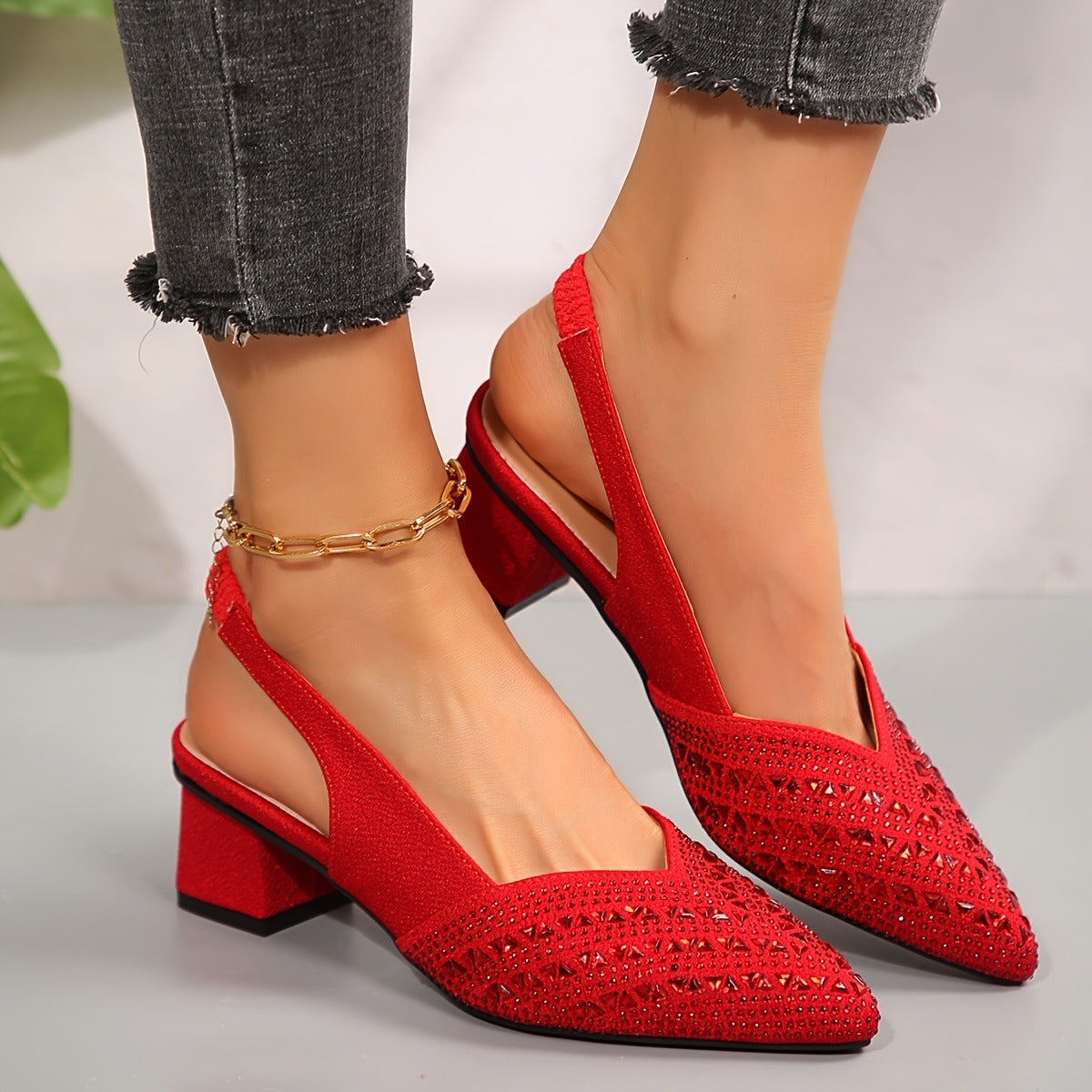 Rhinestone Pointed Toe Low Heel Dress Shoes