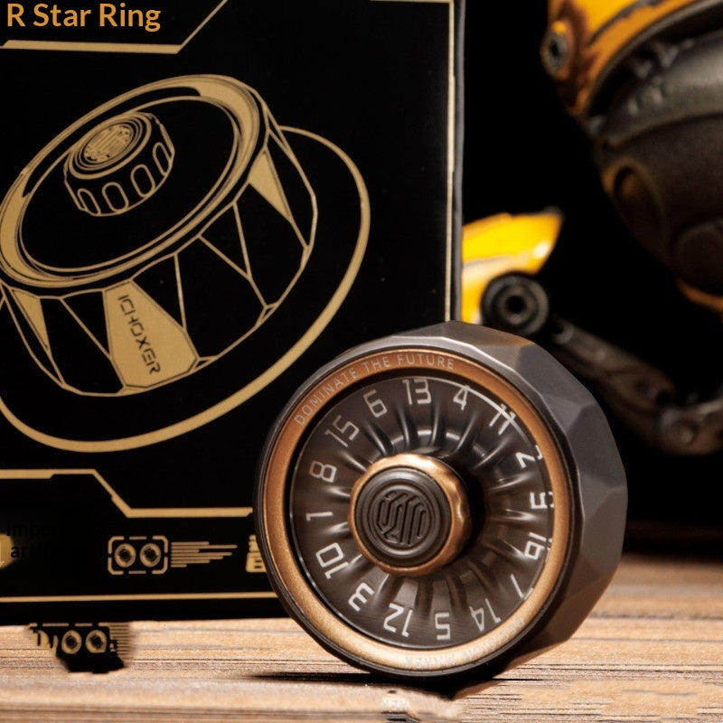Black and bronze rotating spinner disc with numbers around the outer edge