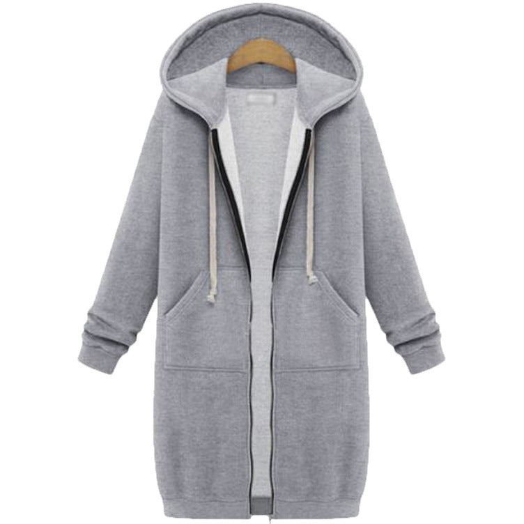 Grey hooded long-sleeve fleece jacket with full zipper and drawstring hood