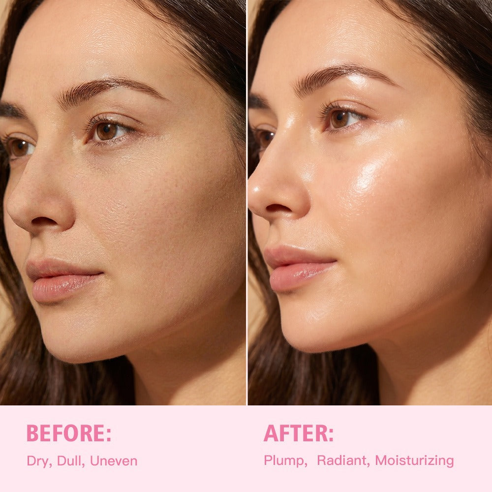 Pink collagen balm stick applied on face, before-and-after styling