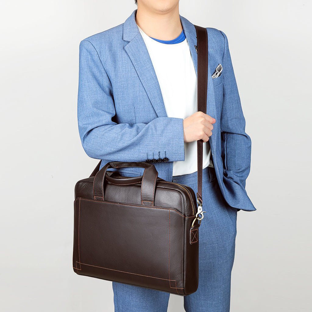 Men's Real Leather Handbag First Layer Cowhide For Business Travel Dark Coffee Color