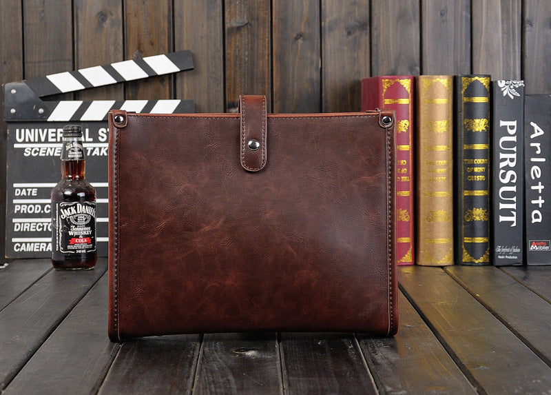 Mens Shoulder Messenger Bag Korean Style Casual Horizontal Retro PU Leather Brown 28 Inch Length