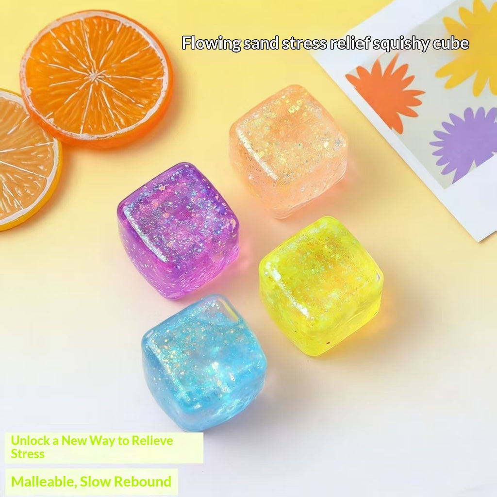 Set of translucent water-cube stress-relief squishy toys in orange, purple, yellow, and blue