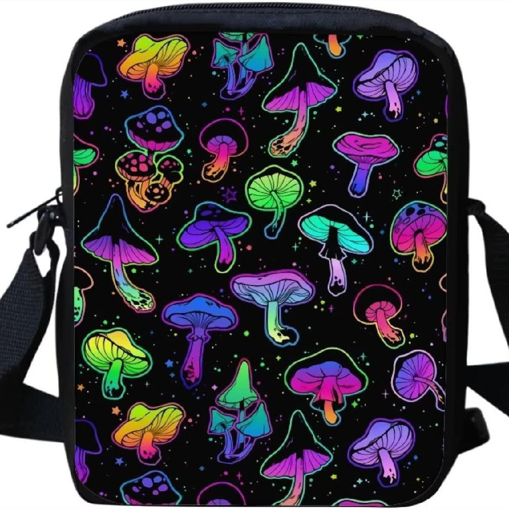 Butterfly Mushroom Nylon Crossbody Bag Lunch Bag for Daily Use Unisex Small Satchel with Zippered Interior
