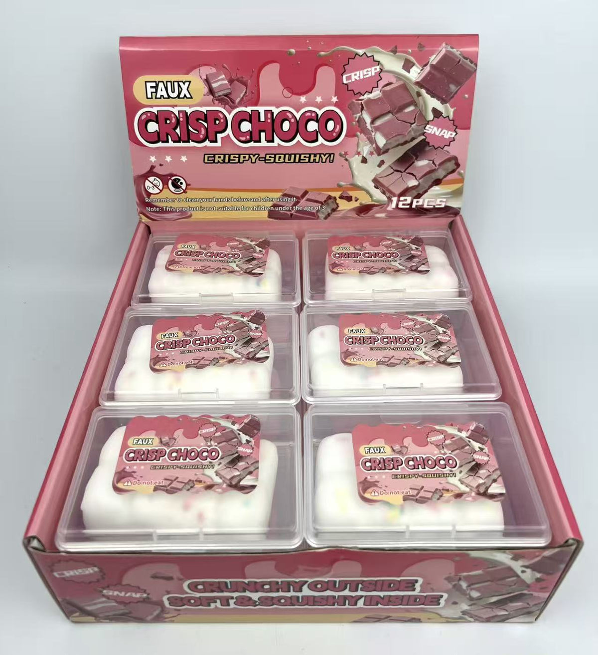 Pink CRISPCHOCO-themed squeeze toy set in clear compartments with cream and light pastel bars