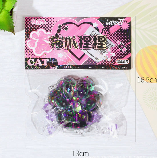 Glittery cat paw stress-relief toy in clear plastic bag