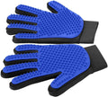 Blue silicone pet grooming glove with textured nubs on palm and black wrist strap.