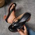 Black thong wedge sandals with square heel and open toe strap