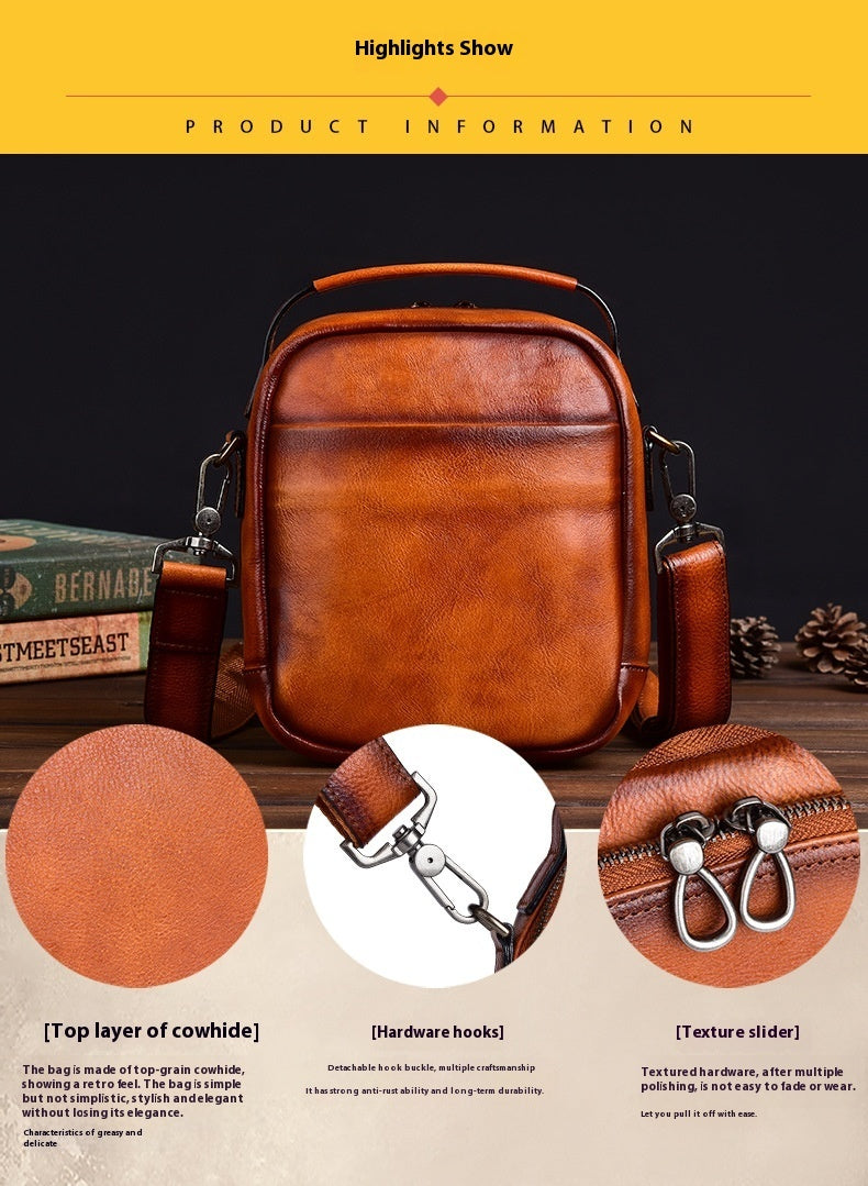 Genuine Leather Cowhide Retro Mens Messenger Bag Casual Everyday Travel with Single Shoulder Strap