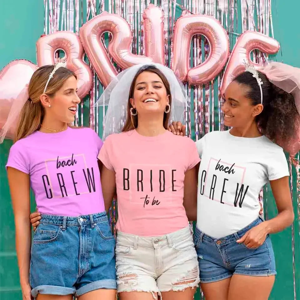 Three bachelorette crewneck T-shirts: bach crew and bride to be prints