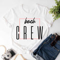 White crewneck T-shirt with 'bach' script and 'OREW' graphic in black