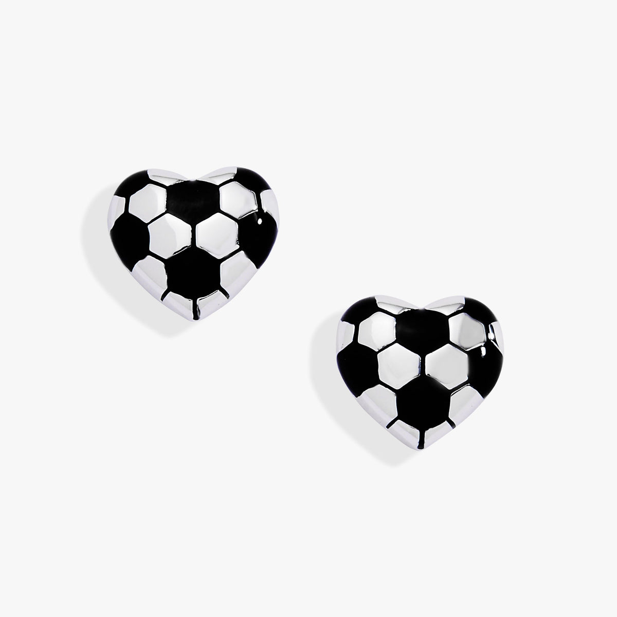 Silver soccer ball heart stud earrings, black and white enamel, matching pair