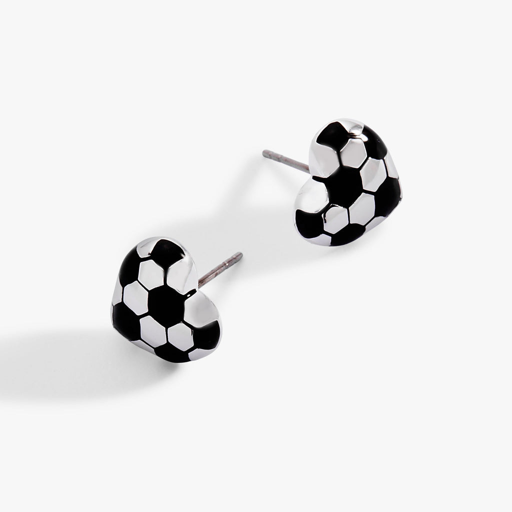 Soccer ball heart stud earrings with silver posts, black and white design