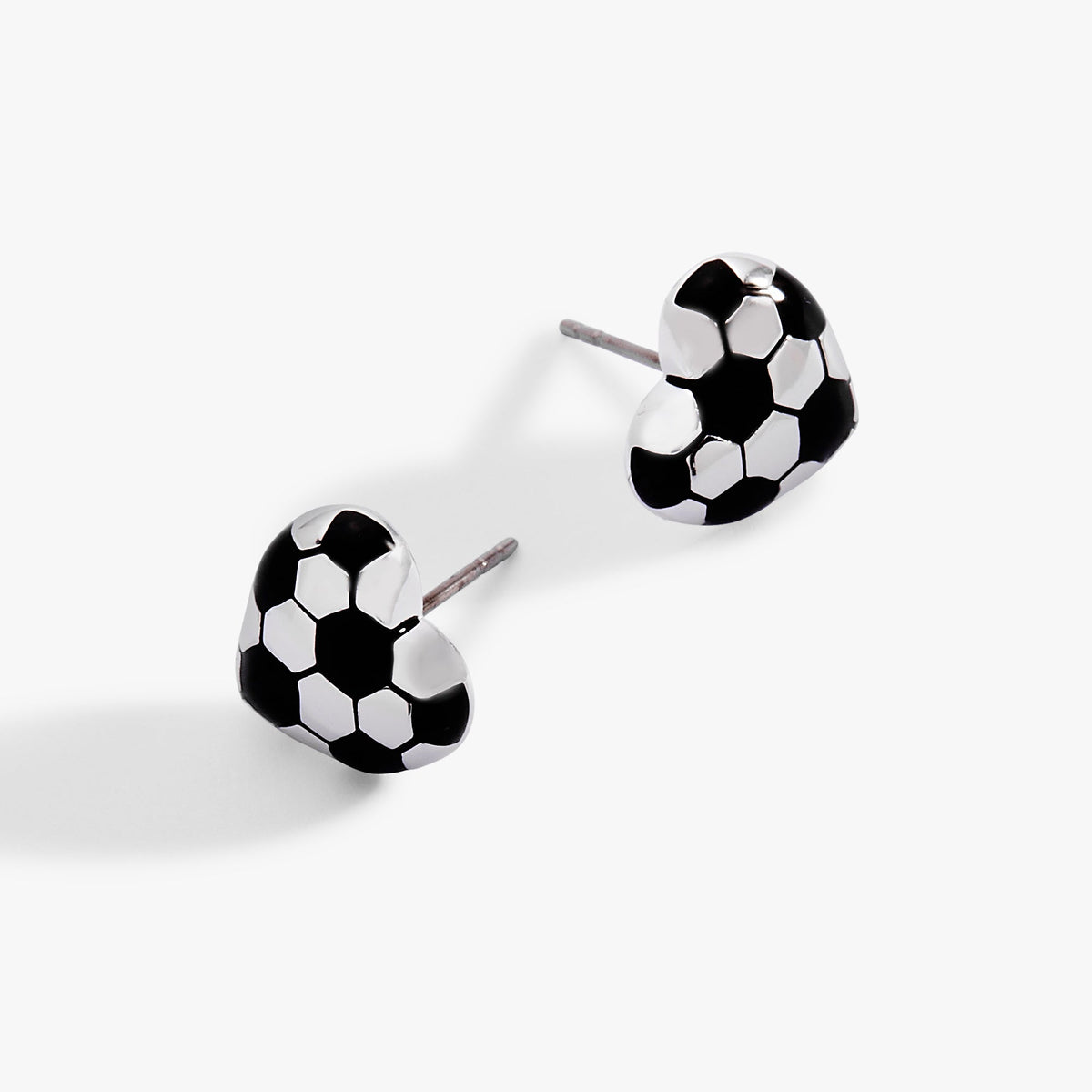 Soccer ball heart stud earrings with silver posts, black and white design