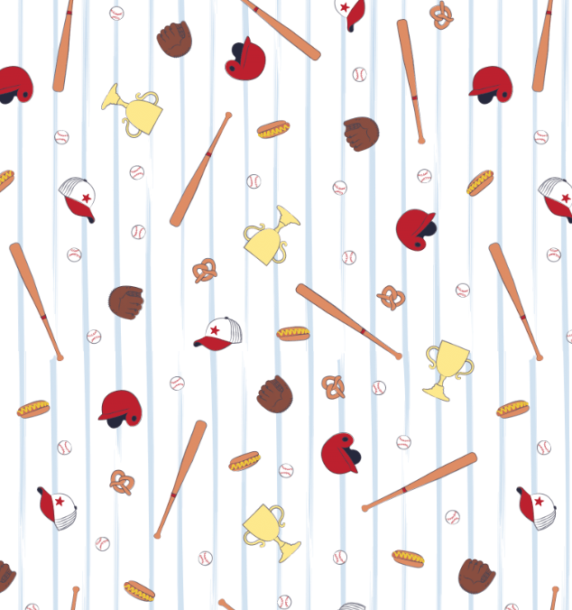 Baseball-themed fabric print with bats, balls, gloves, and hats on white with red accents