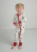 Toddler baseball pajama romper with zipper front, multicolor print, red cuffs and trim