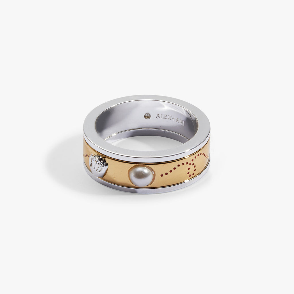 Two-tone baseball fidget ring with pearl center, baseball emblem, and perforated band