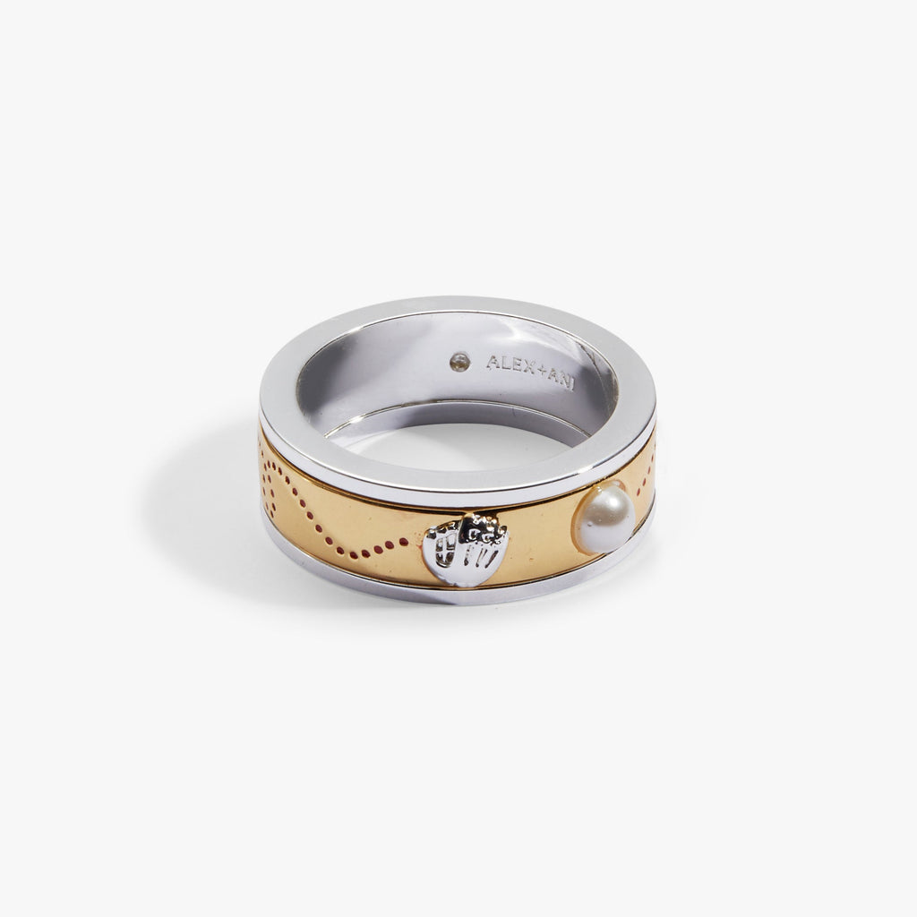 Two-tone baseball fidget ring with baseball emblem, perforated gold band, and smooth bezel