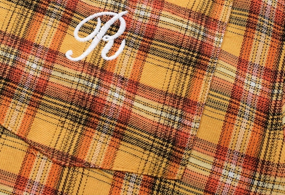 Embroidery Yellow Short Sleeve Plaid Shirt