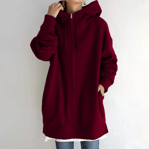 Women’s oversized hooded zip coat in dark red, long sleeves and front pockets