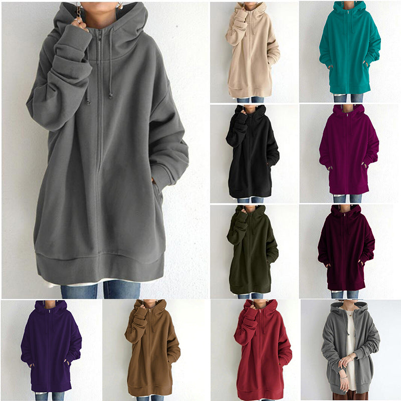 Women’s oversized hooded zip coat in gray, long sleeves with drawstring hood and pockets