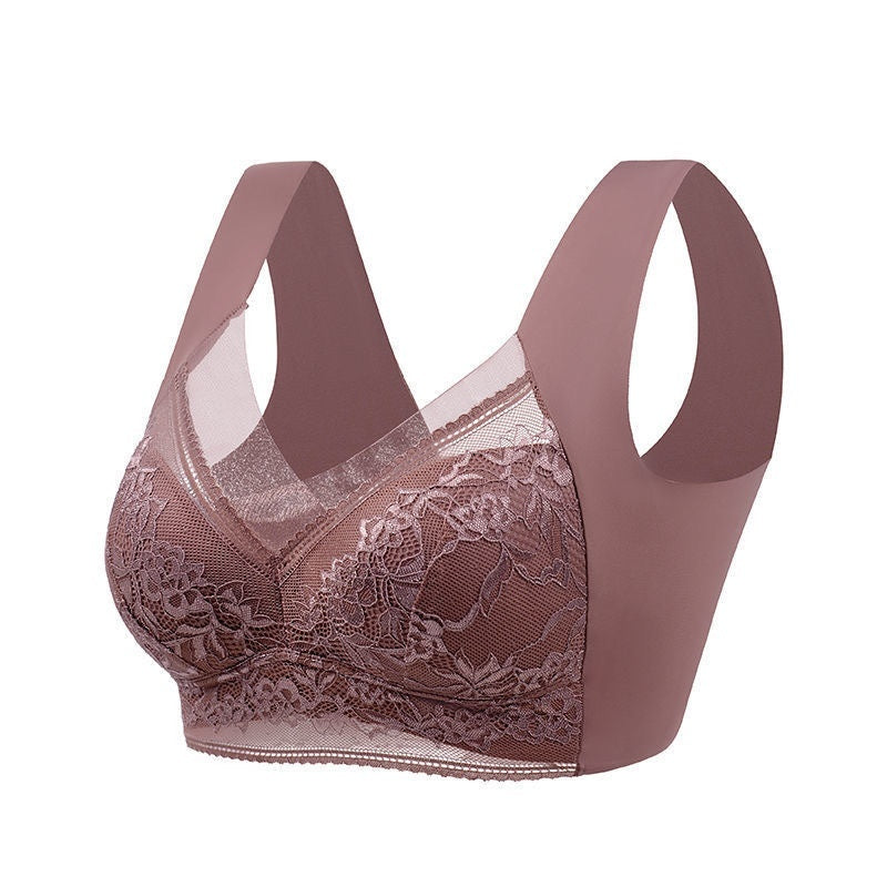 Rose mauve lace wireless push-up bra with 3/4 cups and floral lace detailing.