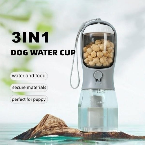 3-in-1 pet travel water bottle with cup opening, food chamber window, and water compartment visible