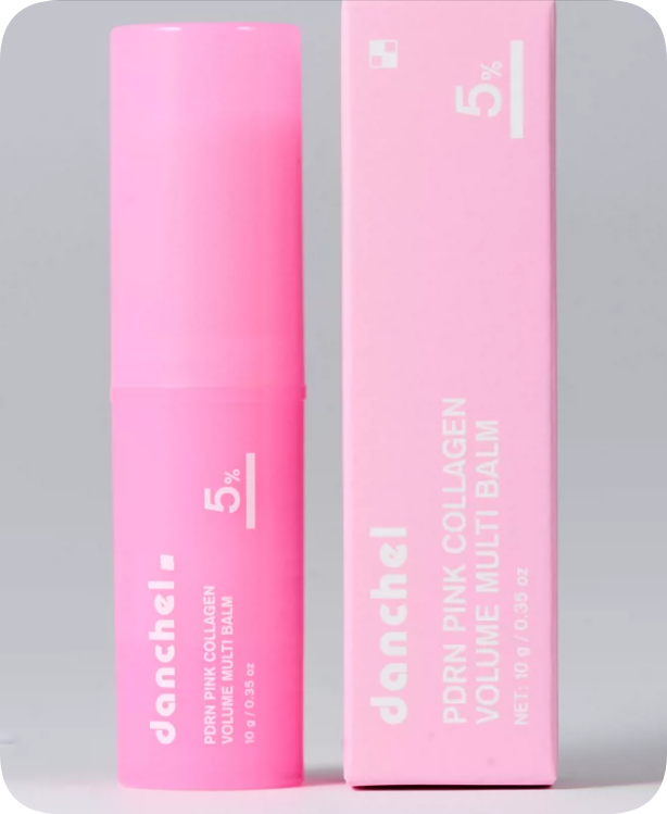 Pink collagen balm stick and rectangular outer box, cylindrical lip balm tube