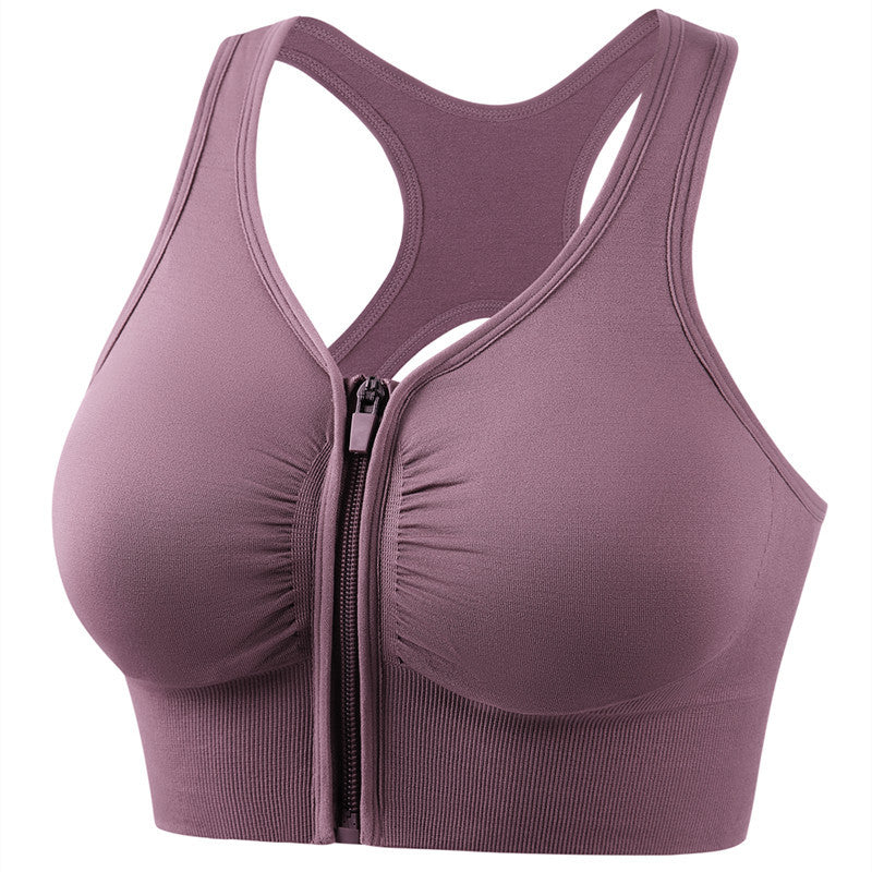 Mauve zip-front full-cup shockproof sports bra with racerback straps