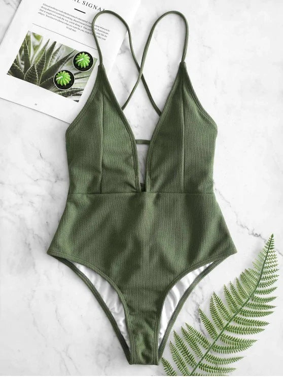 Women's European And American Swimwear Solid Color Lace-up One-piece Swimsuit