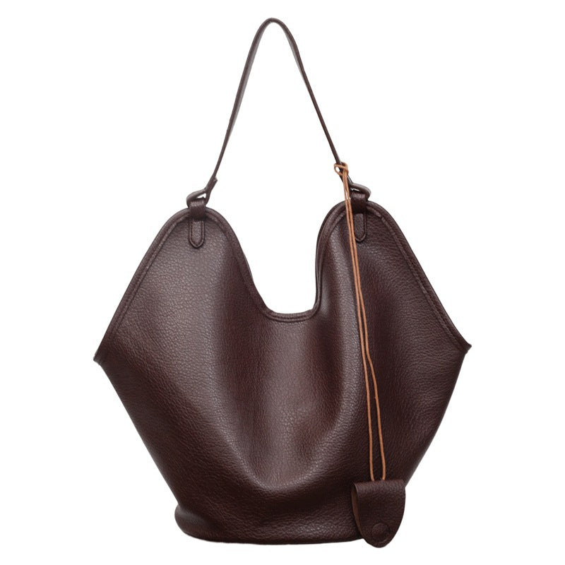 Women’s PU bucket tote bag with lychee-grain texture, deep brown, dual shoulder handles