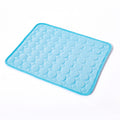 Light blue pet cooling mat with raised bubble texture and stitched border