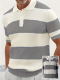 Men's knit polo shirt with button placket, cream base and gray horizontal stripes