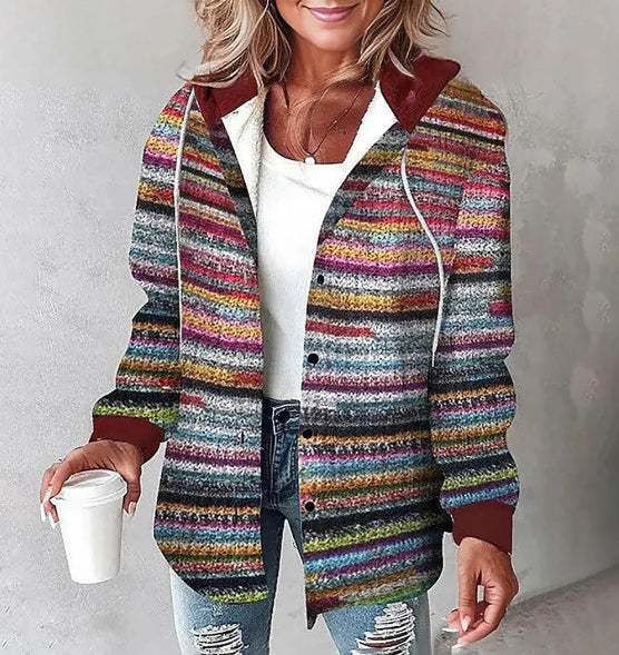 Women’s hooded plaid jacket, multicolor striped knit with button front and pockets